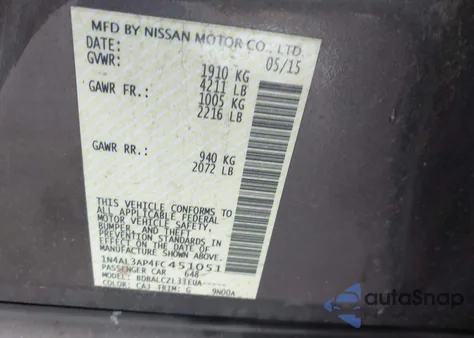 2015 Nissan Altima 2.5/2.5 S/2.5 Sl/2.5 Sv из США, поврежденный, VIN 1N4AL3AP4FC451051